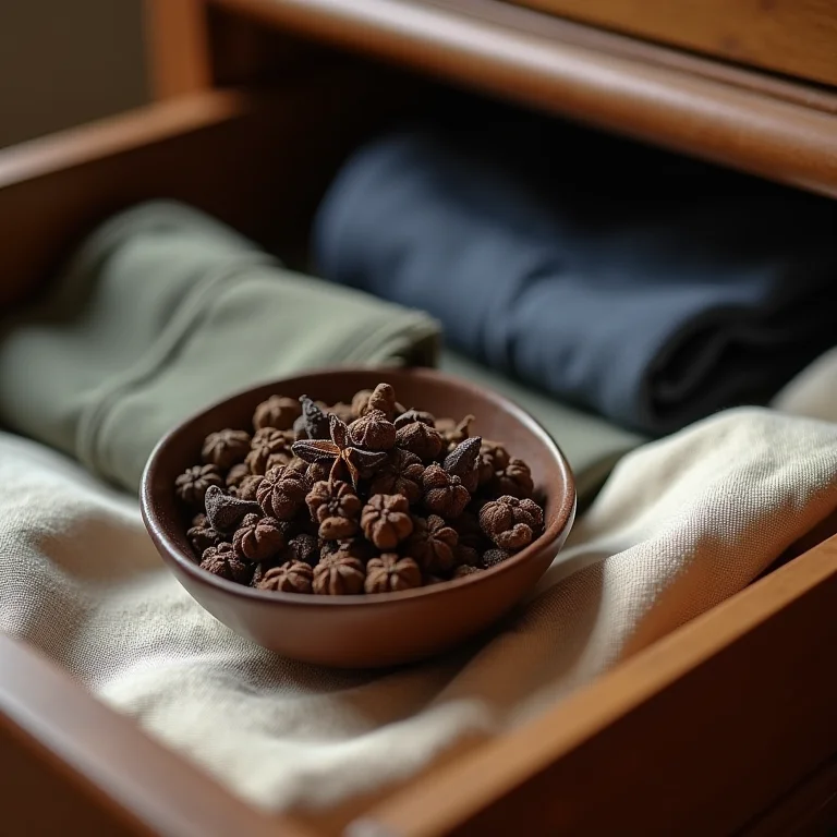 Cravo-da-índia em um recipiente dentro de uma gaveta de roupas.