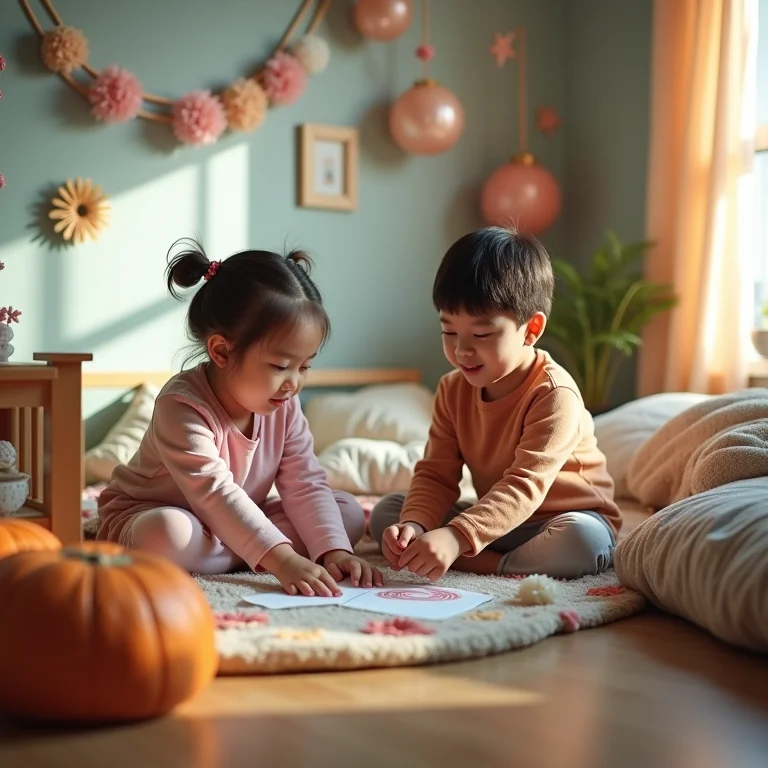 Crianças decorando seus lados de um quarto compartilhado