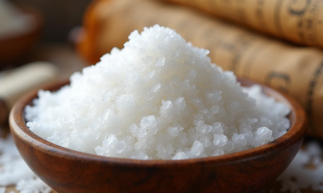 Cristais de sal grosso em um recipiente de madeira.