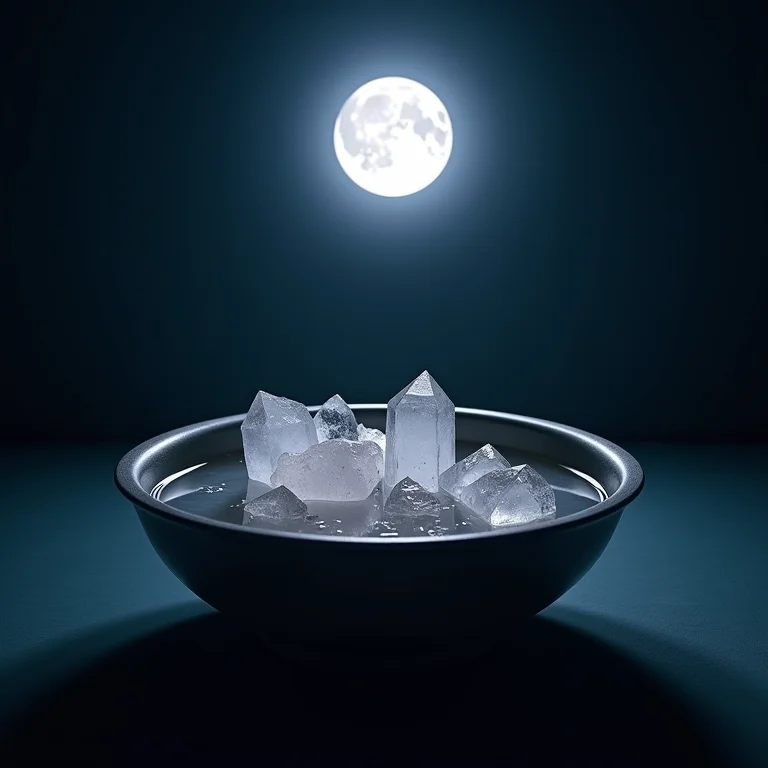 Cristais sendo limpos e energizados sob a luz da lua