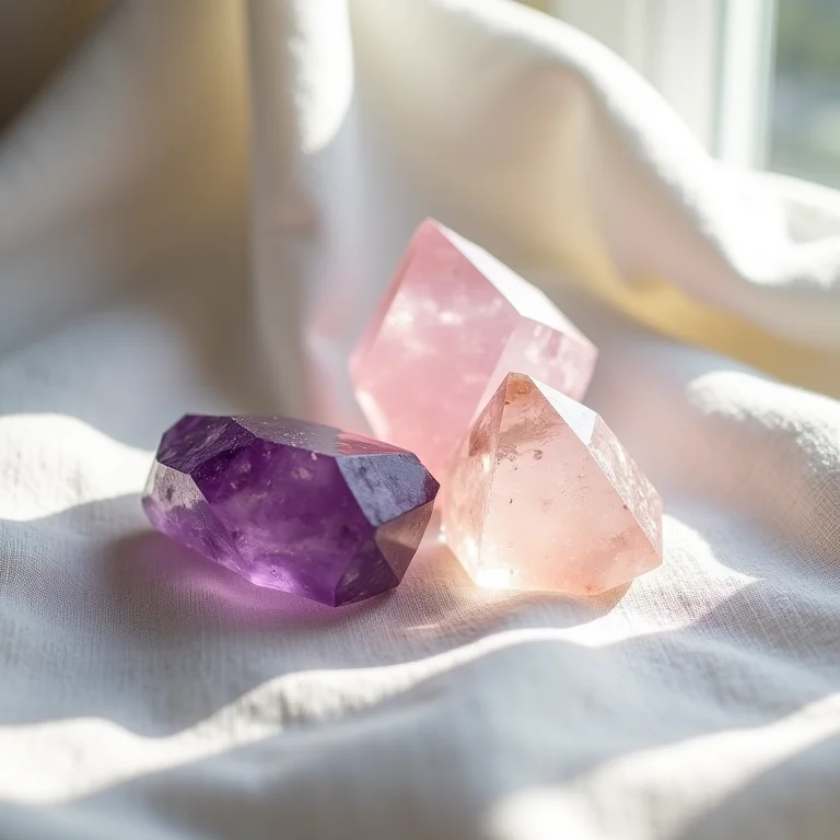 Cristais variados dispostos sobre tecido de linho