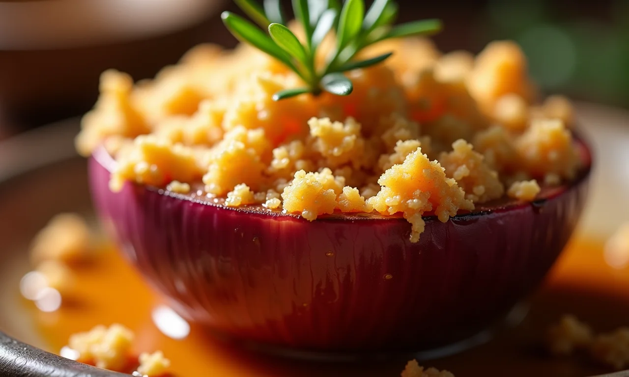 Crumble de cebola roxa caramelizada e alecrim.