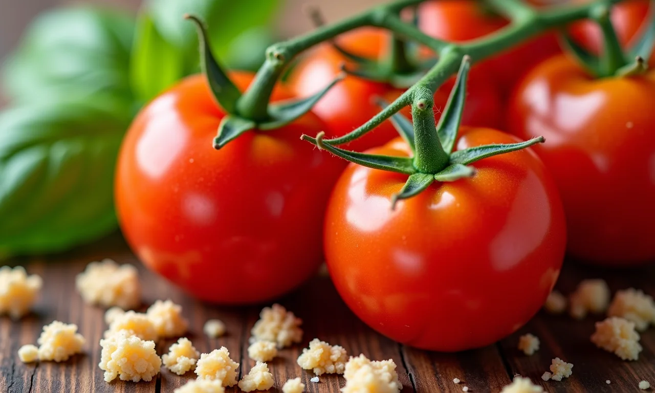 Crumble de tomate cereja e manjericão fresco.