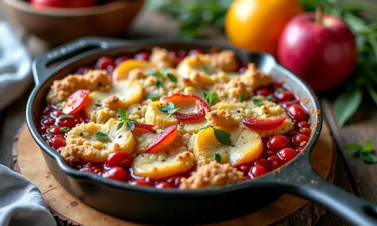 Crumble salgado com frutas frescas e ervas aromáticas.