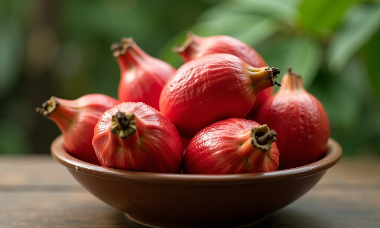 Cumbuca cheia de pitangas vermelhas frescas.