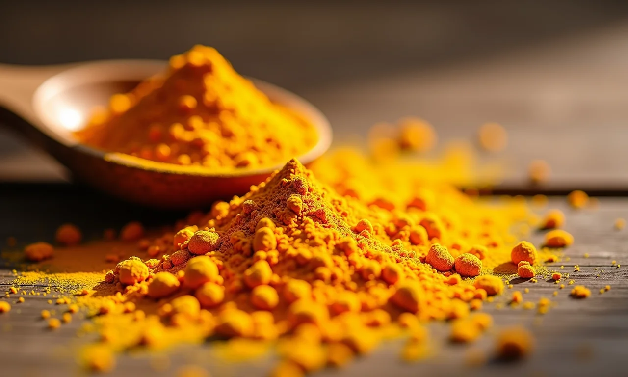 Cúrcuma: O ouro da culinária Cúrcuma em pó dourada caindo de uma colher de pau.