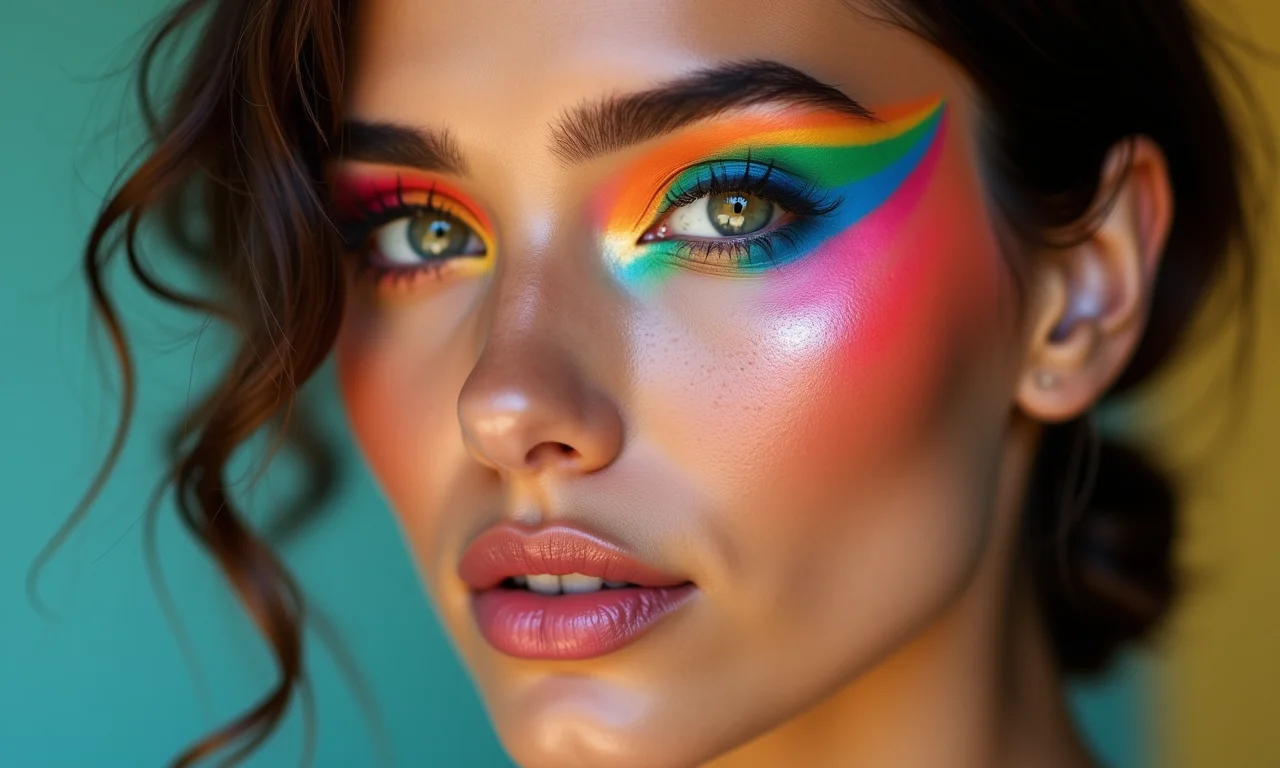 Cut crease colorido em mulher brasileira com maquiagem artística.