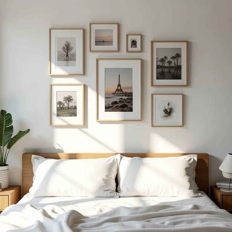 Decoração de parede personalizada com fotos e quadros em quarto de casal