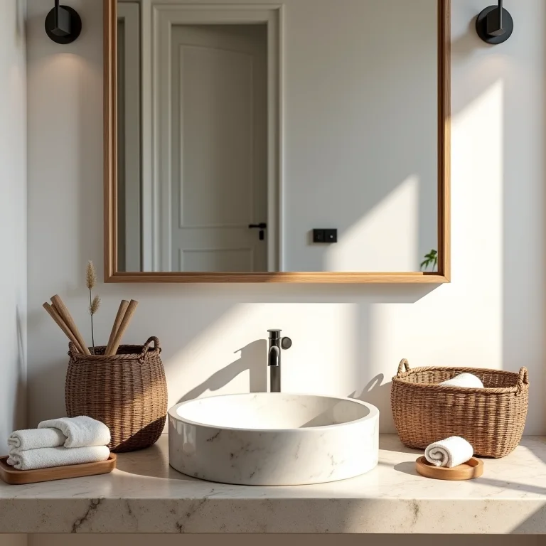 Decoração rústica em banheiro com mármore travertino, toques de personalidade