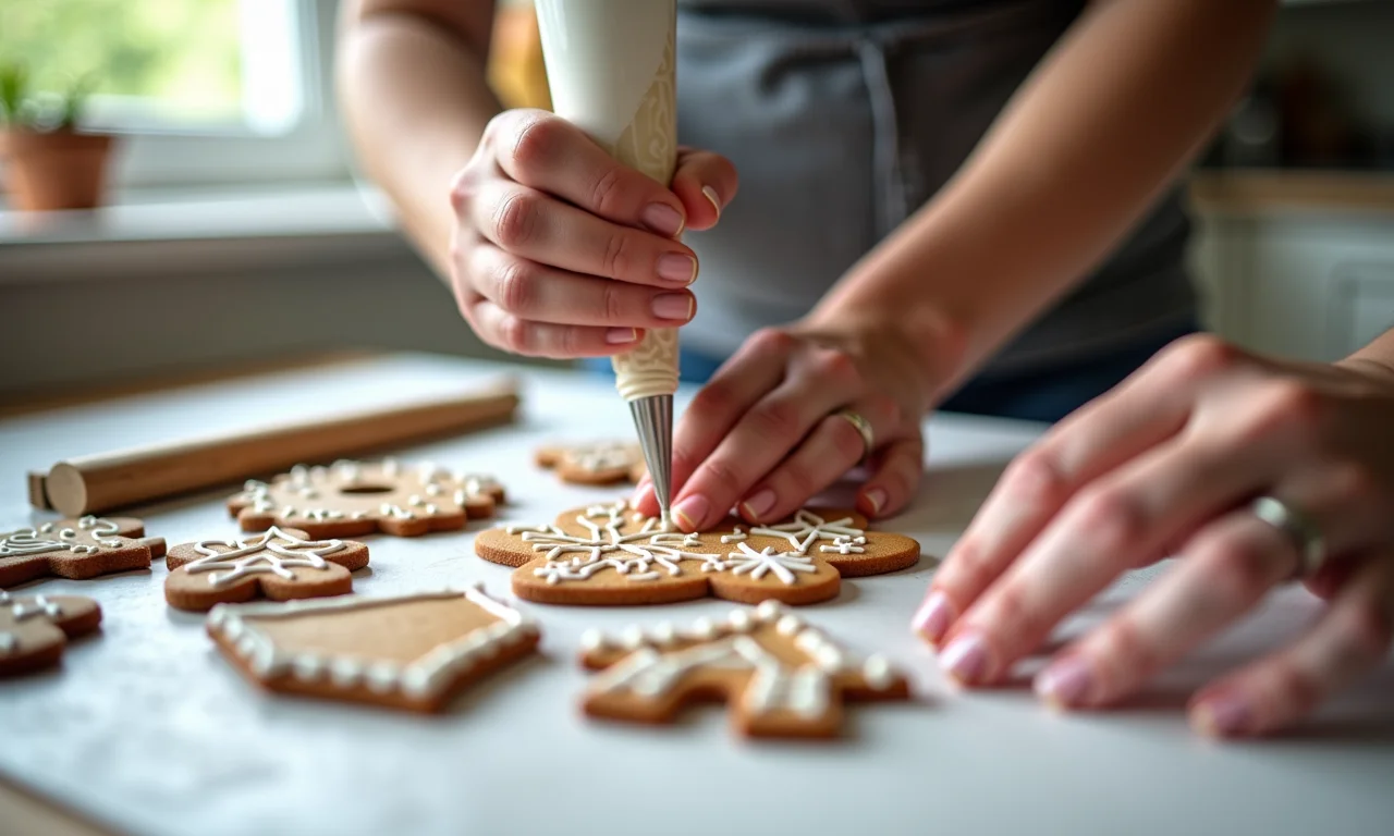 Decorando a casinha de biscoito com glacê real.