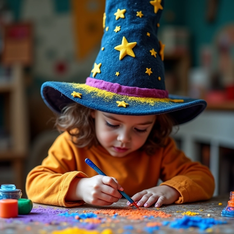 Decorando o chapéu de bruxa de papelão com glitter e estrelas.