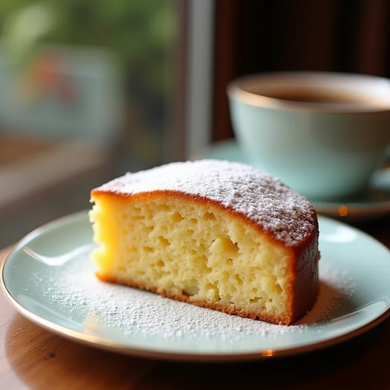 Deliciosa fatia de bolo de mandioca cremoso, perfeita para acompanhar um café.