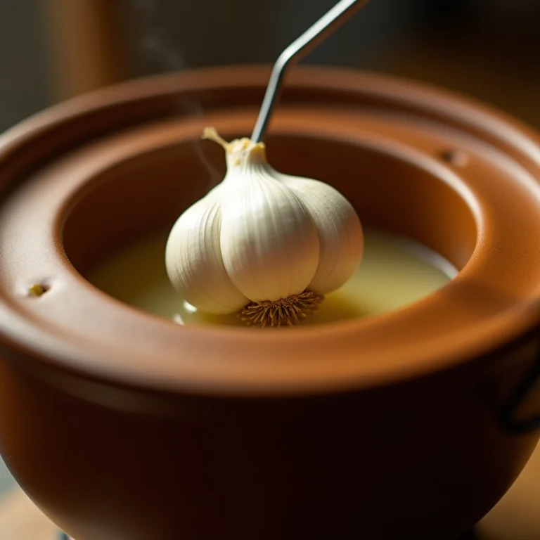 Dente de alho sendo esfregado na panela de fondue.