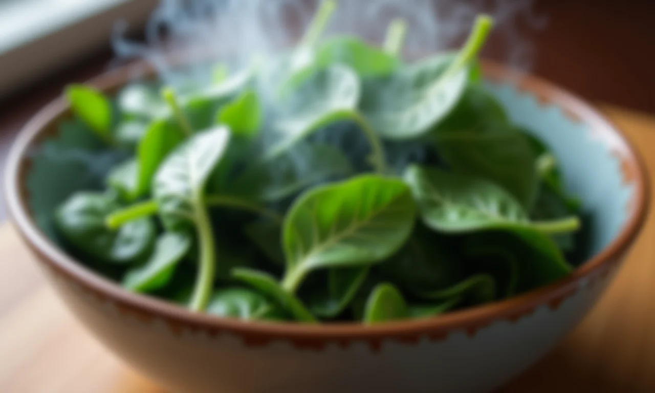 Descongelando espinafre em uma tigela com vapor suave.