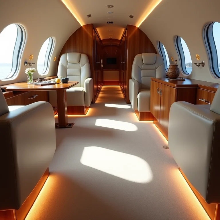 Detalhe da integração do piso no design interior de um avião particular.