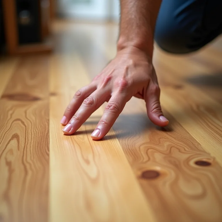 Detalhe da mão de uma pessoa tocando a superfície de um assoalho naval.