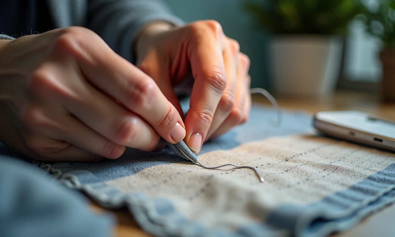 Detalhe das mãos trabalhando em um projeto de costura complexo.