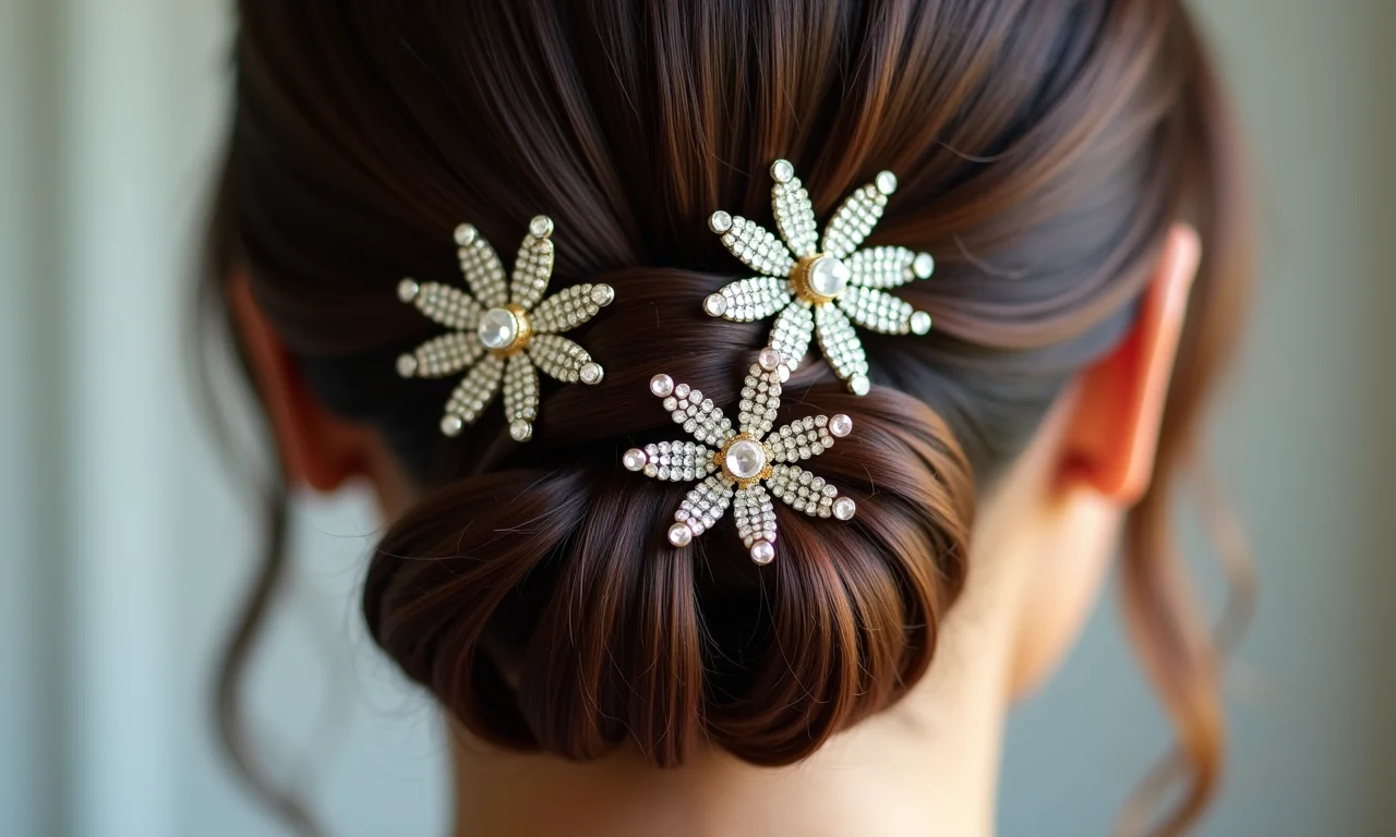 Detalhe de cabelo com presilhas de strass delicadas.