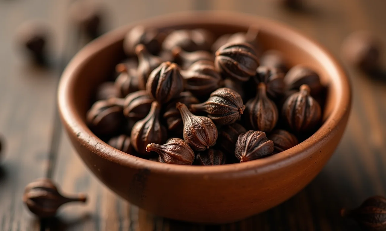 Detalhe de cravos da índia em uma pequena tigela, com iluminação natural.