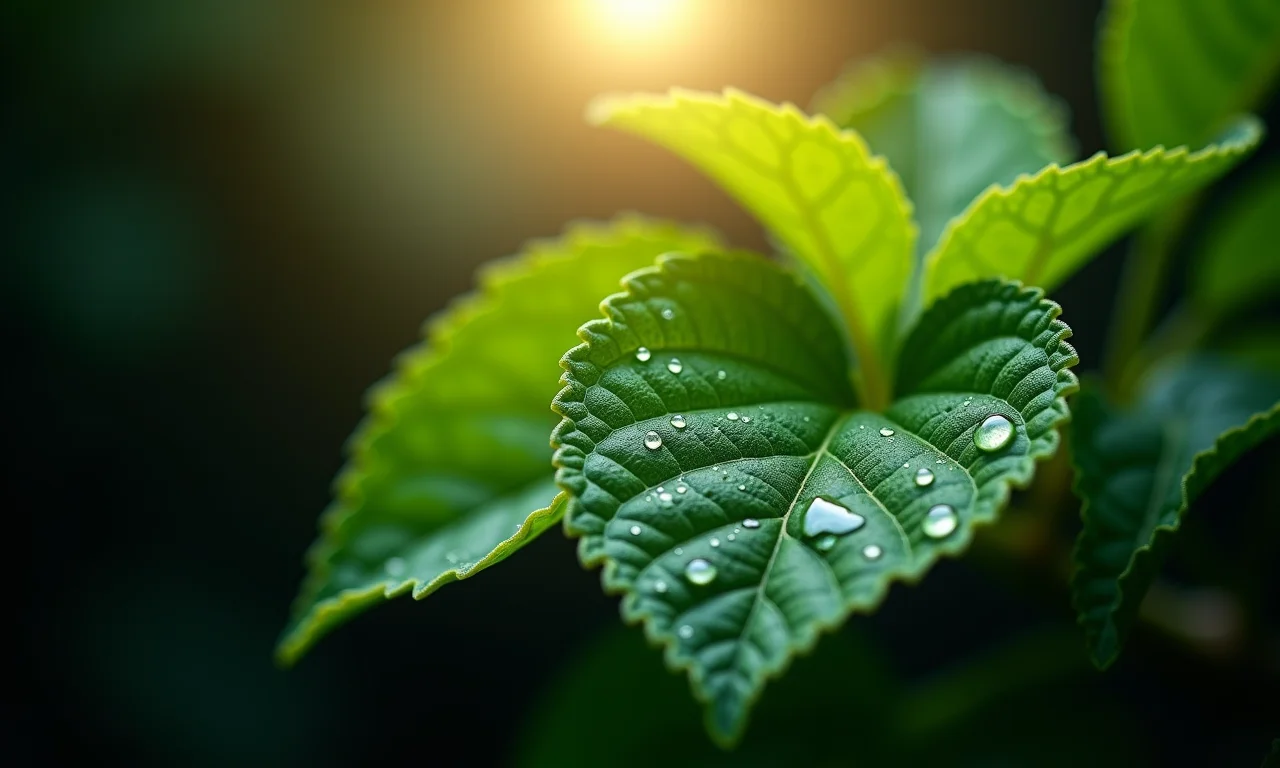 Detalhe de folhas de amora frescas com gotas de orvalho.
