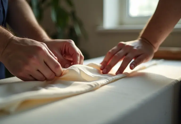 Detalhe de mãos habilidosas criando pregas macho e fêmea em tecido texturizado