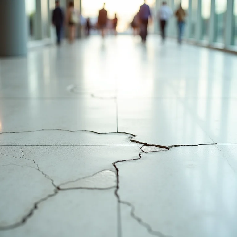 Detalhe de um piso desgastado em um centro de convenções, mostrando rachaduras e imperfeições.