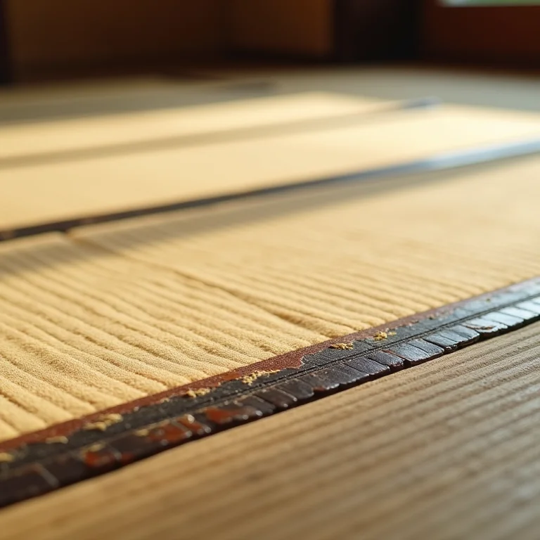 Detalhe de um tatame de judô desgastado.