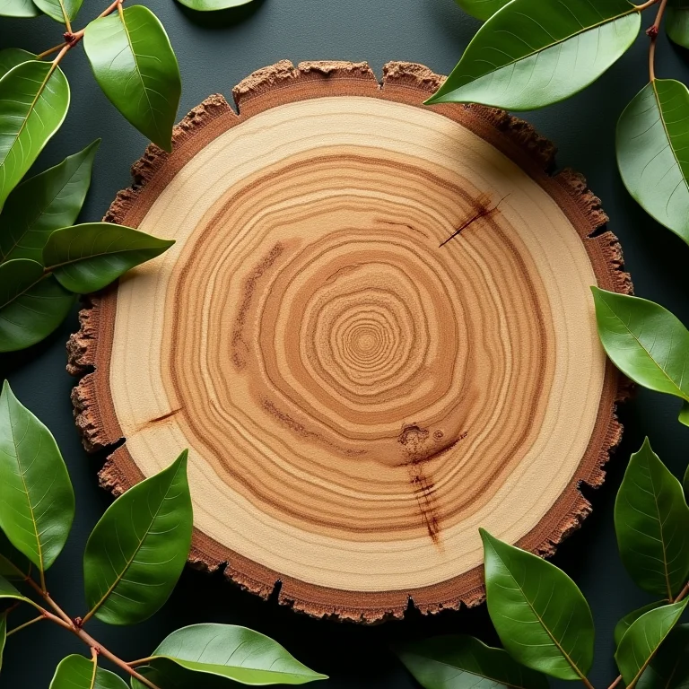 Detalhe de uma amostra de madeira de demolição com folhas, representando sustentabilidade