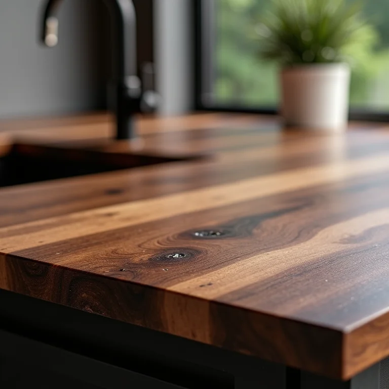 Detalhe de uma bancada de Ipê, madeira de demolição resistente à água