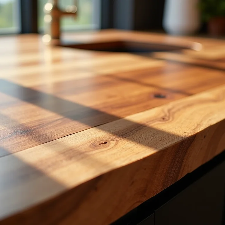 Detalhe de uma bancada de Peroba Rosa, madeira de demolição nobre