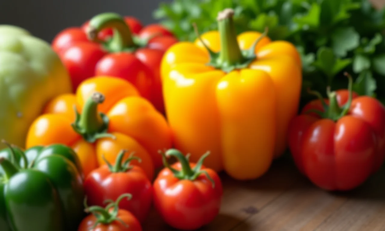 Detalhe de vegetais orgânicos frescos com cores vibrantes.