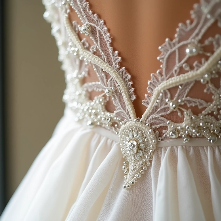 Detalhes de acabamento impecáveis em vestido de festa infantil: costura delicada, renda e bordado.