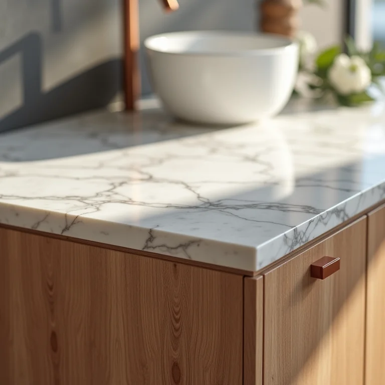 Detalhes do material e acabamento de um gabinete de banheiro