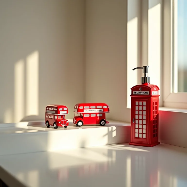 Detalhes temáticos em banheiro com decoração de ônibus de Londres.