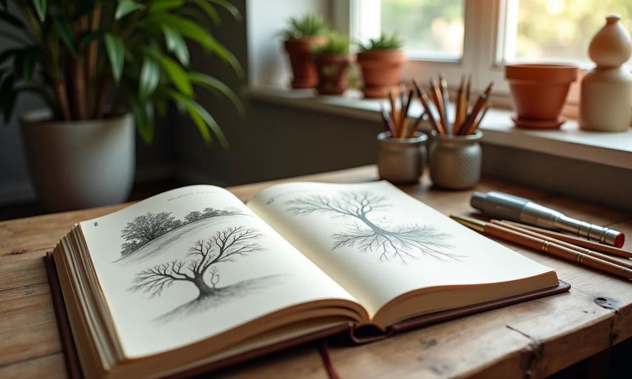 Diário aberto com esboços, representando o estímulo à criatividade.