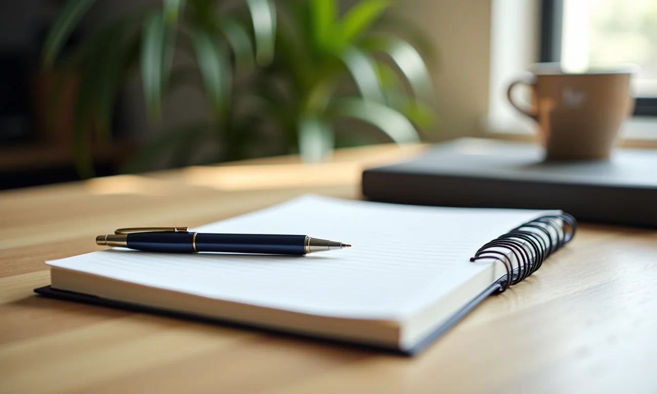 Diário e caneta na mesa, com notas organizadas para organizar os pensamentos.