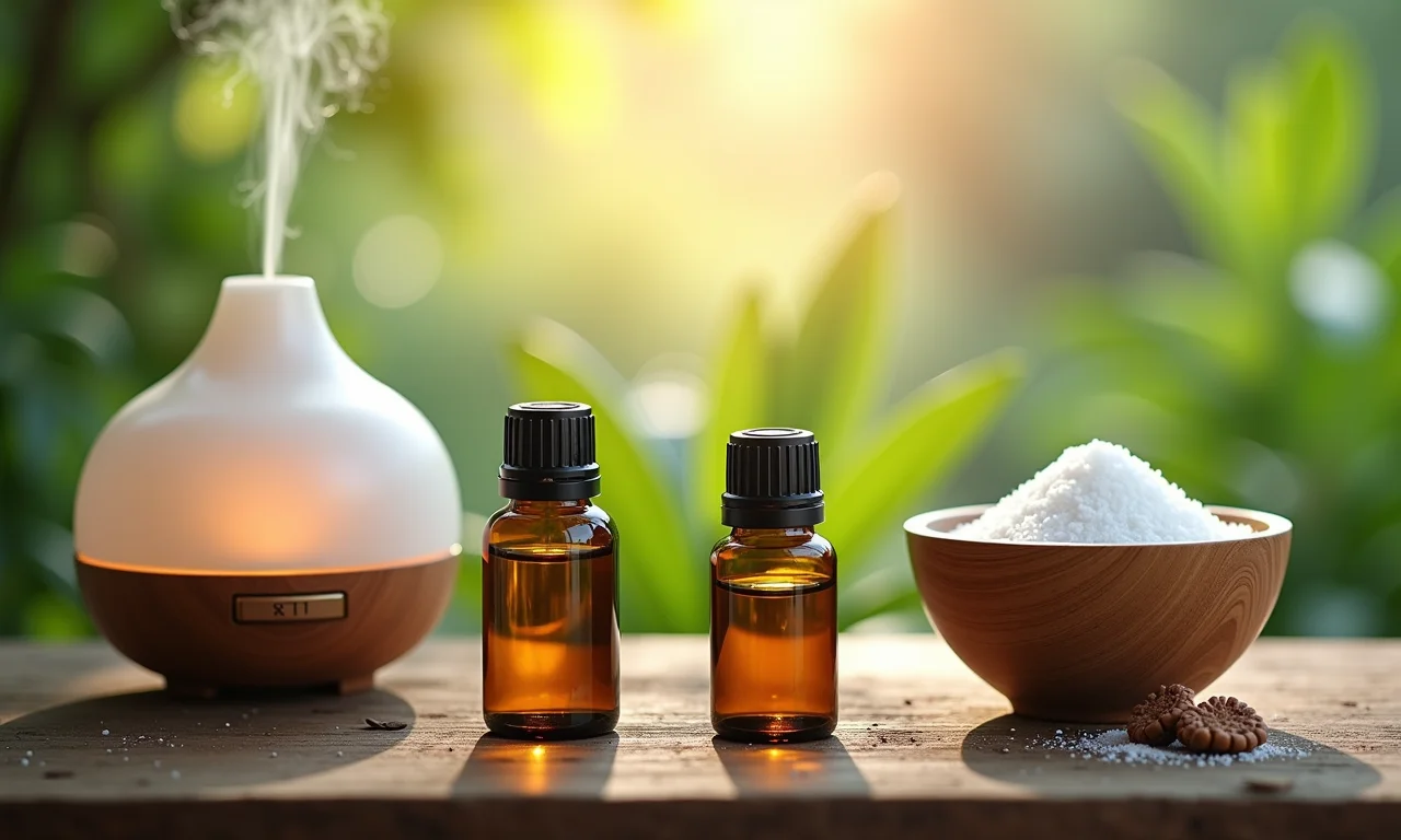 Diferentes formas de uso de óleos essenciais: difusor, colar aromático, óleo de massagem e sais de banho.