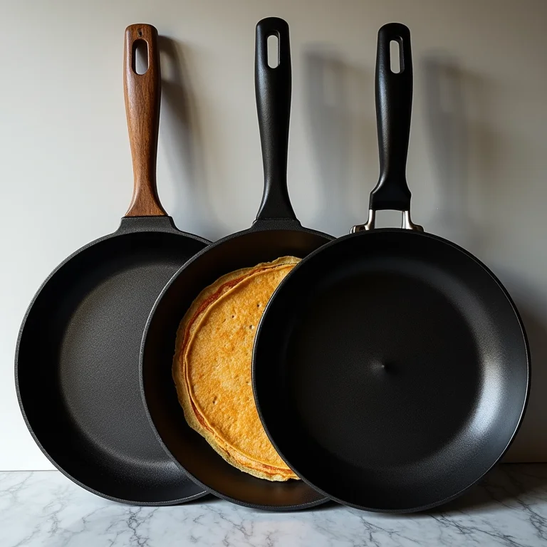 Diferentes materiais de frigideiras para crepe.
