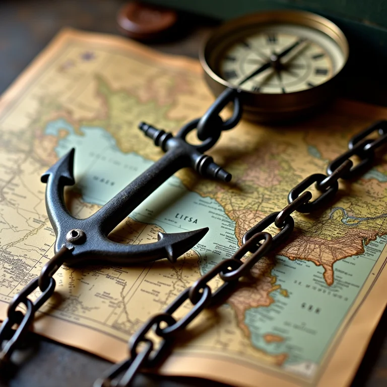 Diferentes tipos de elos de corrente de âncora em um mapa náutico