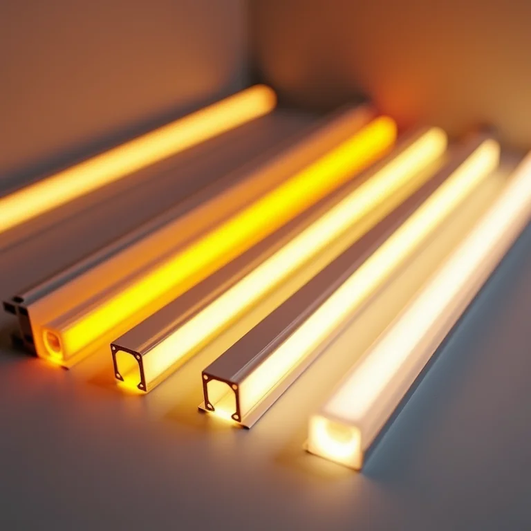 Diferentes tipos de fitas de LED (quente, neutra, fria) dentro de perfis.