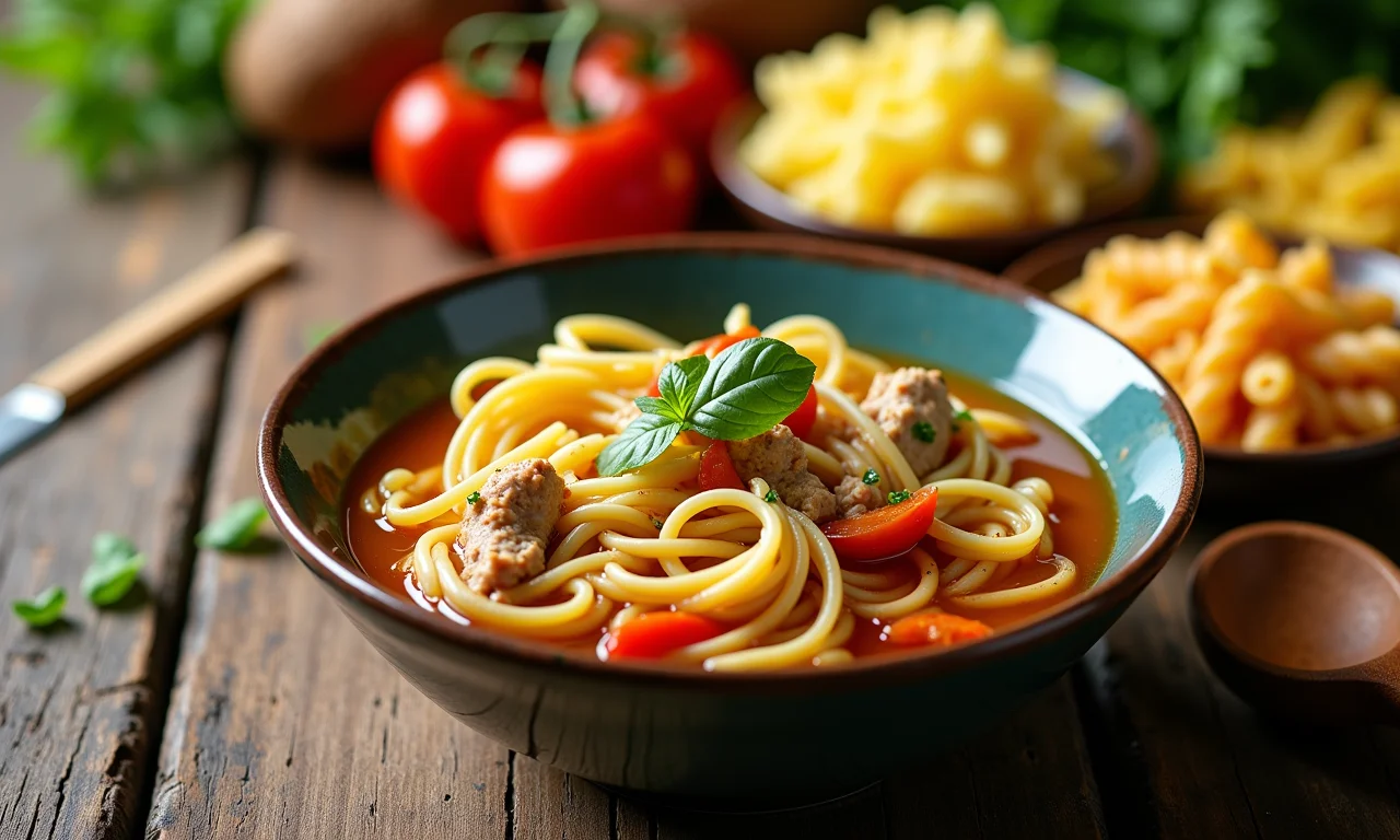 Diferentes tipos de macarrão ao lado de uma tigela de sopa de macarrão com frango.