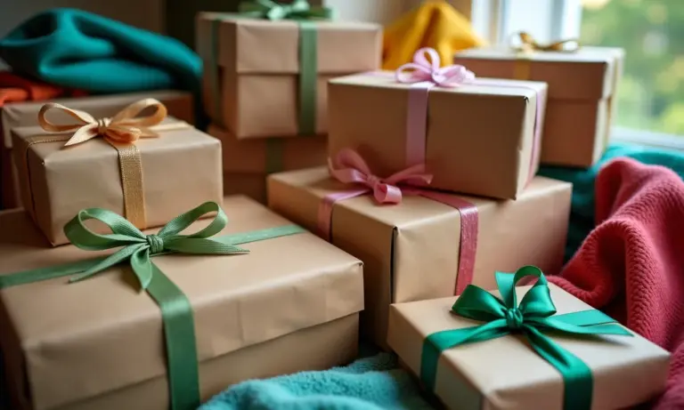 Diversas caixas de papelão decoradas para presente com tecidos coloridos.