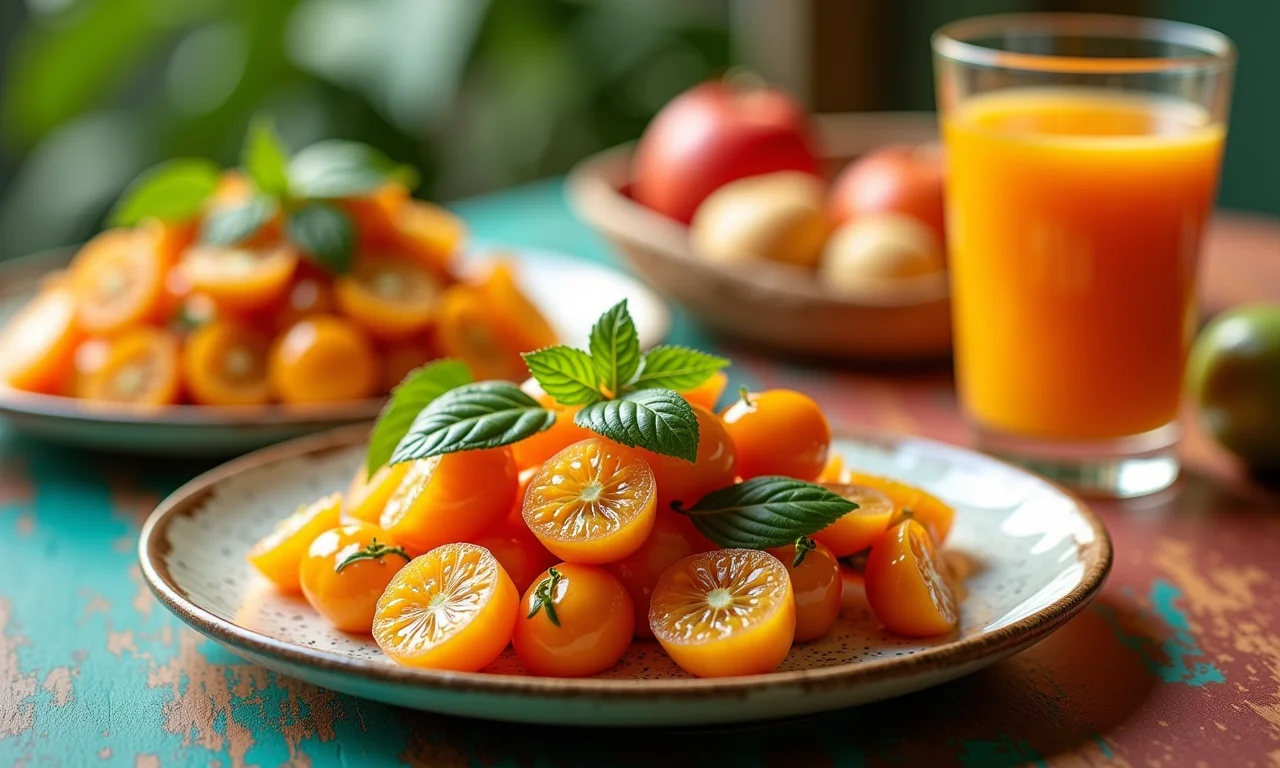 Diversas formas de consumir physalis: saladas, sobremesas e sucos em mesa colorida com estilo brasileiro.
