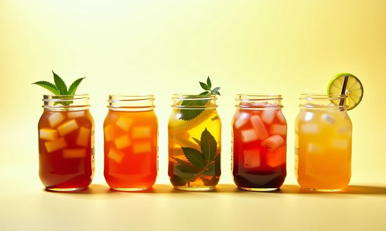 Diversas infusões de sabores para chá gelado em potes de vidro (frutas, ervas).