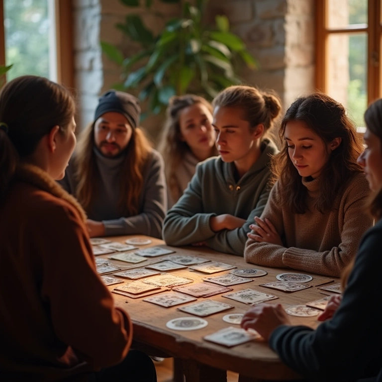 Pessoas ouvindo taróloga em workshop.