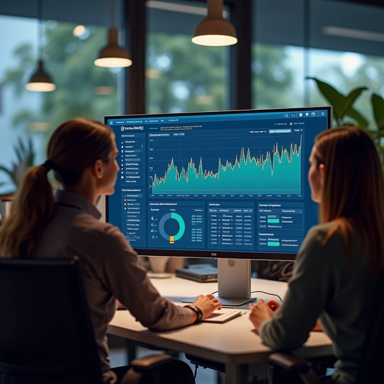 Equipe analisando resultados de campanha de marketing em painel.