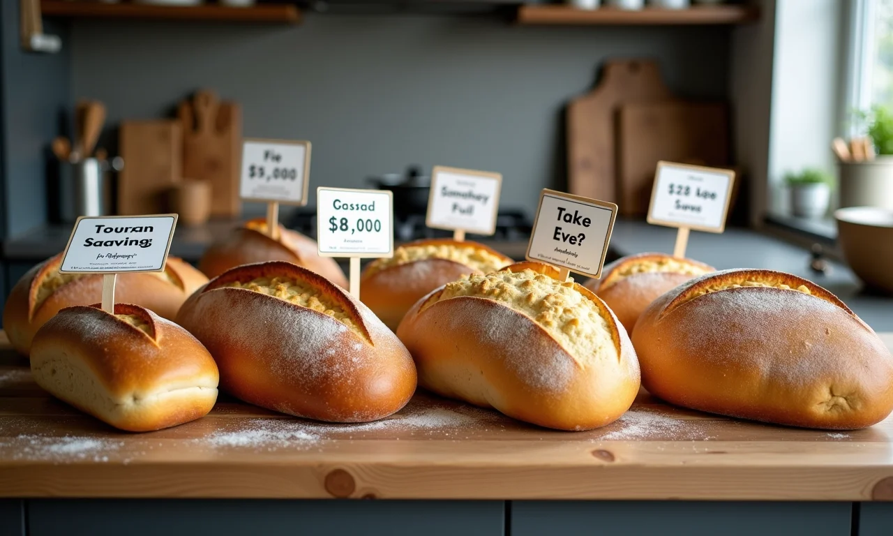 Diversos pães caseiros com etiquetas de preço mostrando economia.
