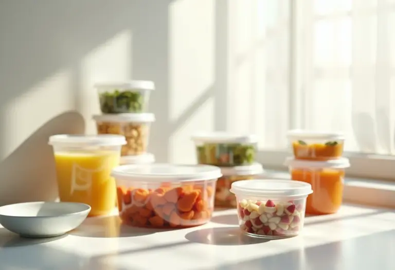 Diversos potes para congelar alimentos organizados em uma cozinha minimalista.