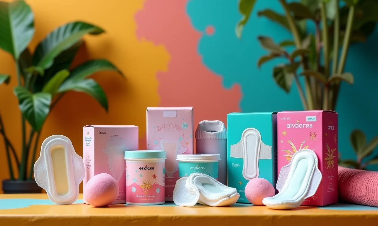 Diversos tipos de absorventes e tampões em um banheiro colorido.