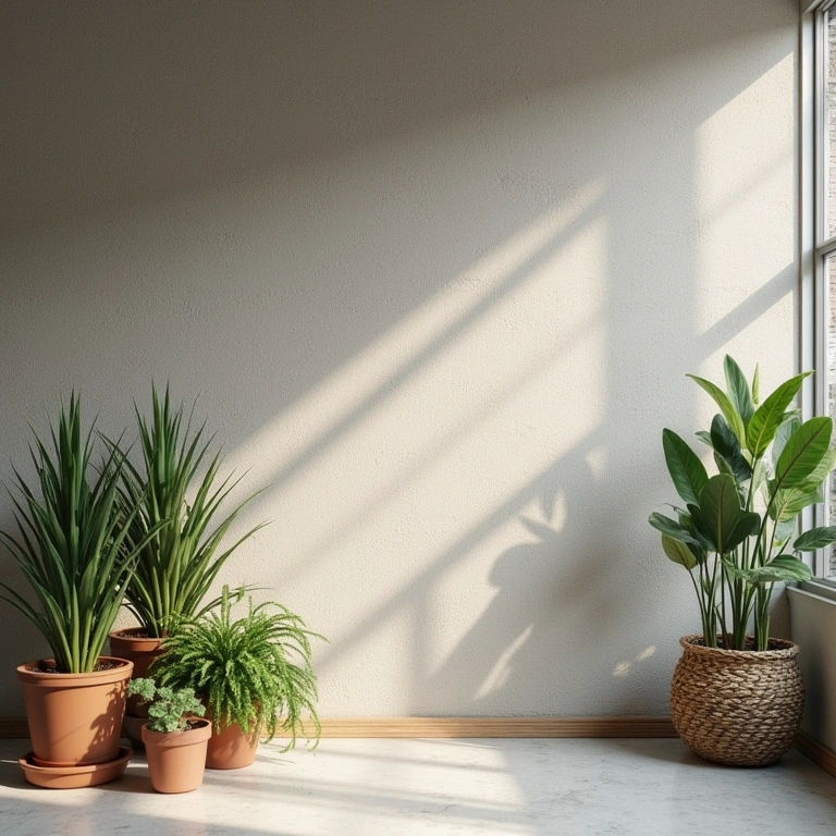 DIY cement wall texture, Brazilian home, natural light, potted plants, lifestyle photography, 8K Muro com textura de cimento queimado caseiro em casa brasileira.